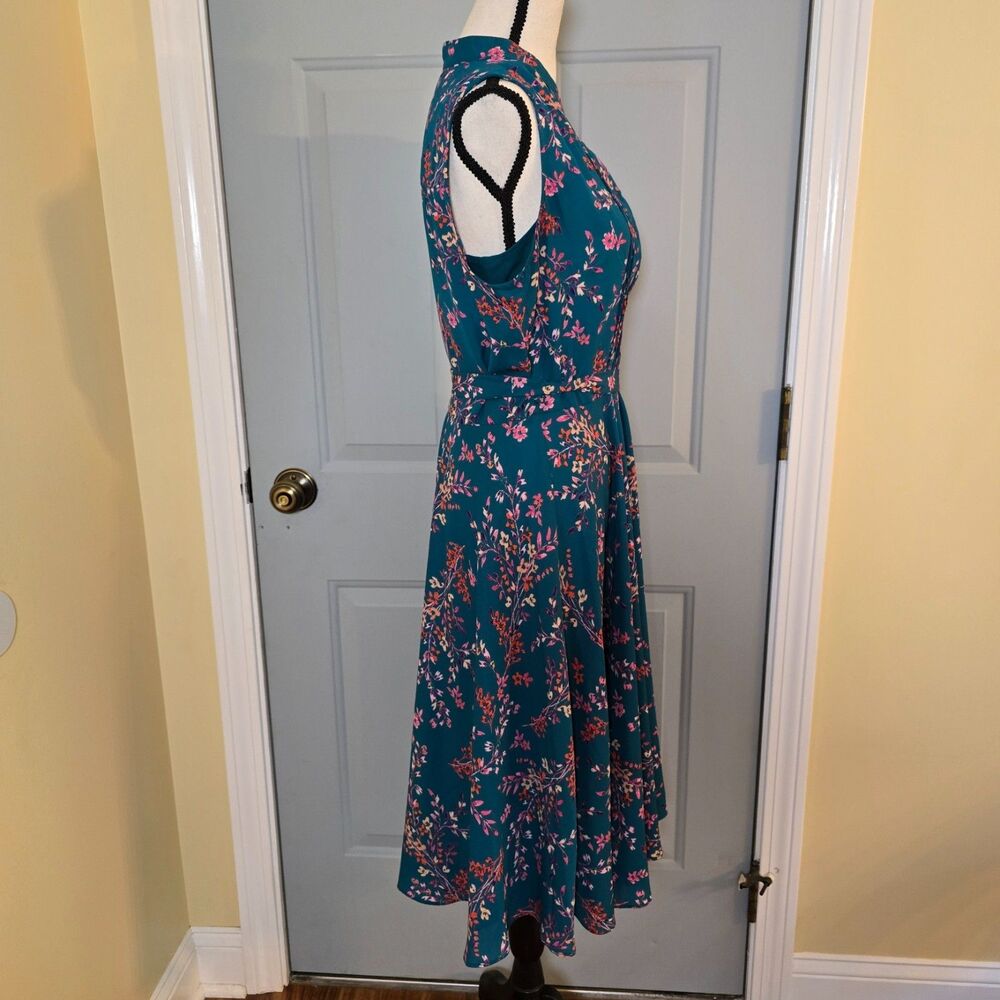 Nanette Lepore Teal Floral Sleeveless Pintuck Button Up A Line Dress Size 6 - Picture 3 of 13